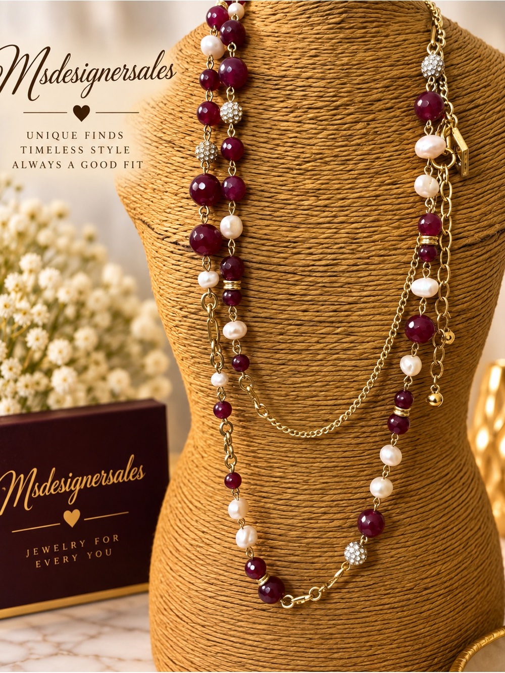 Gold Long Necklace with Burgundy and Pearl Beads